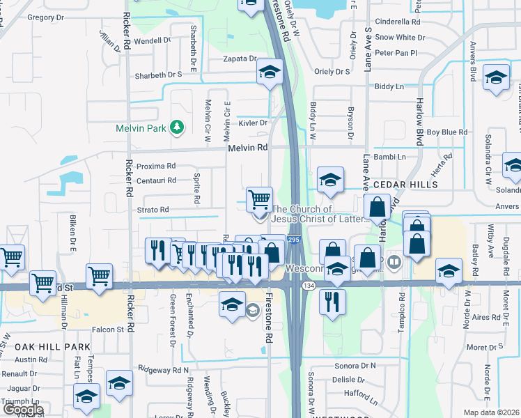 map of restaurants, bars, coffee shops, grocery stores, and more near 4910 Firestone Road in Jacksonville