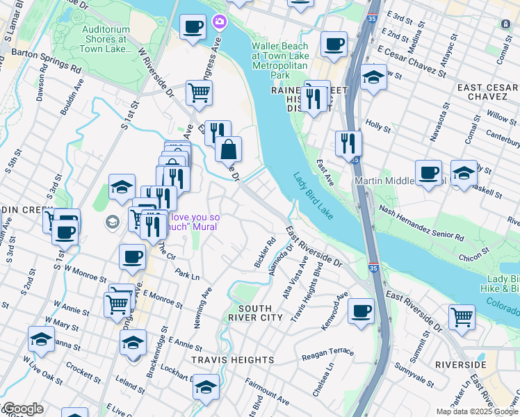 map of restaurants, bars, coffee shops, grocery stores, and more near 506 Academy Drive in Austin