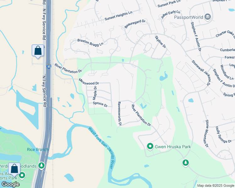 map of restaurants, bars, coffee shops, grocery stores, and more near 672 Ravensworth Drive in Conroe