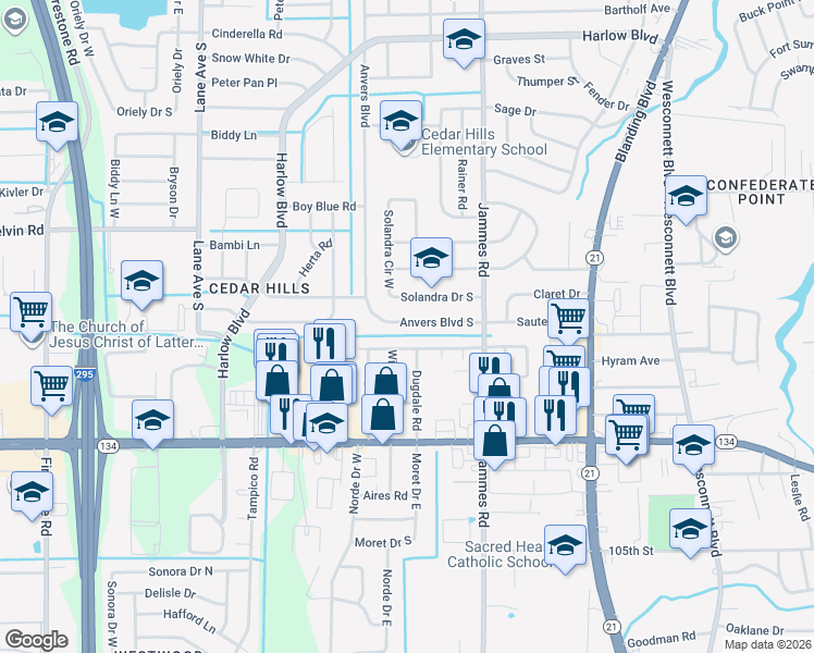 map of restaurants, bars, coffee shops, grocery stores, and more near 6517 Romilly Drive in Jacksonville
