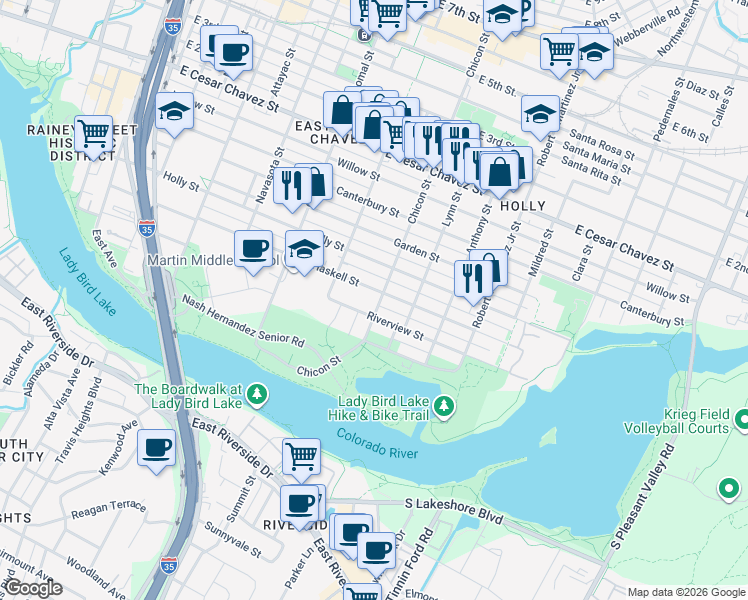 map of restaurants, bars, coffee shops, grocery stores, and more near in Austin