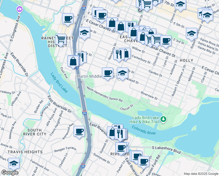 map of restaurants, bars, coffee shops, grocery stores, and more near 21 Waller Street in Austin