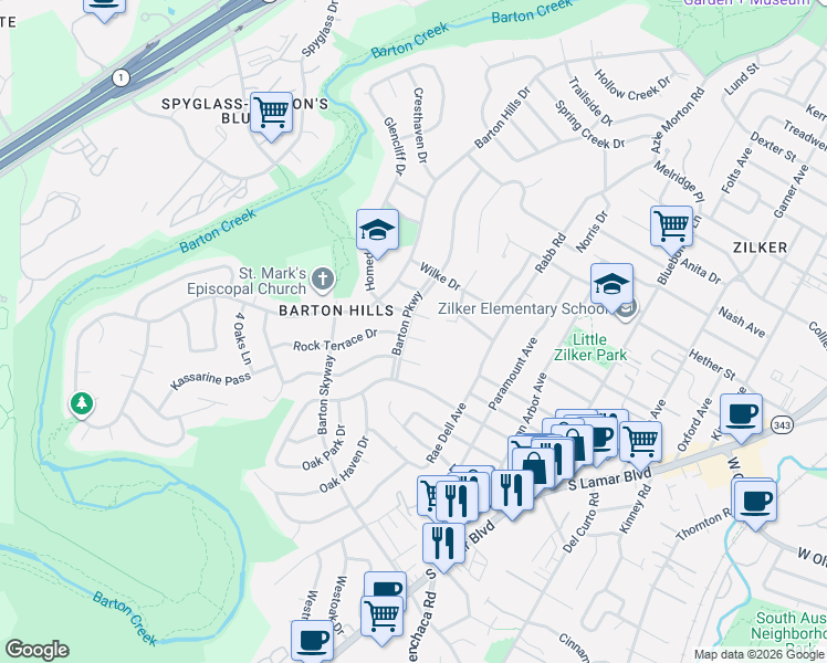 map of restaurants, bars, coffee shops, grocery stores, and more near 2406 Rock Terrace Circle in Austin