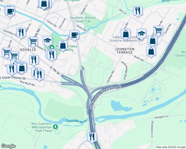 map of restaurants, bars, coffee shops, grocery stores, and more near 7201 Levander Loop in Austin