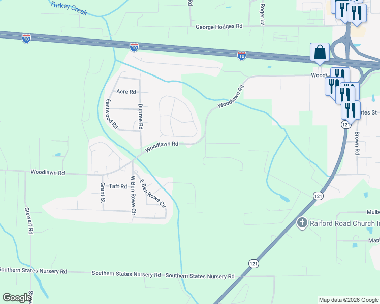 map of restaurants, bars, coffee shops, grocery stores, and more near 6012 Woodlawn Road in Macclenny
