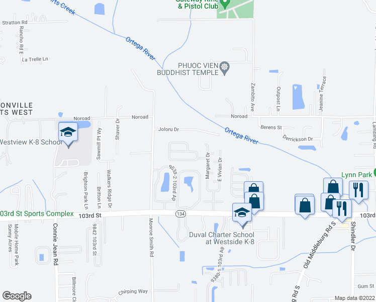 map of restaurants, bars, coffee shops, grocery stores, and more near 9359 103rd Street in Jacksonville