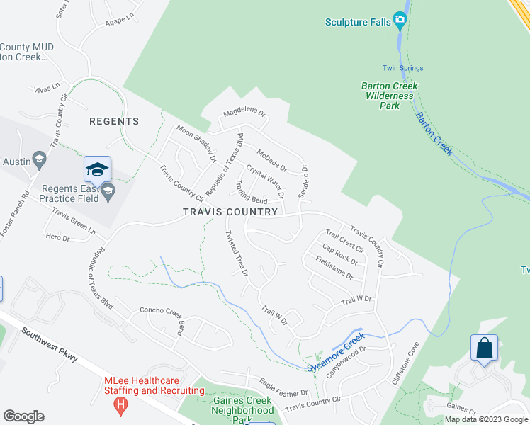 map of restaurants, bars, coffee shops, grocery stores, and more near 4130 Travis Country Circle in Austin