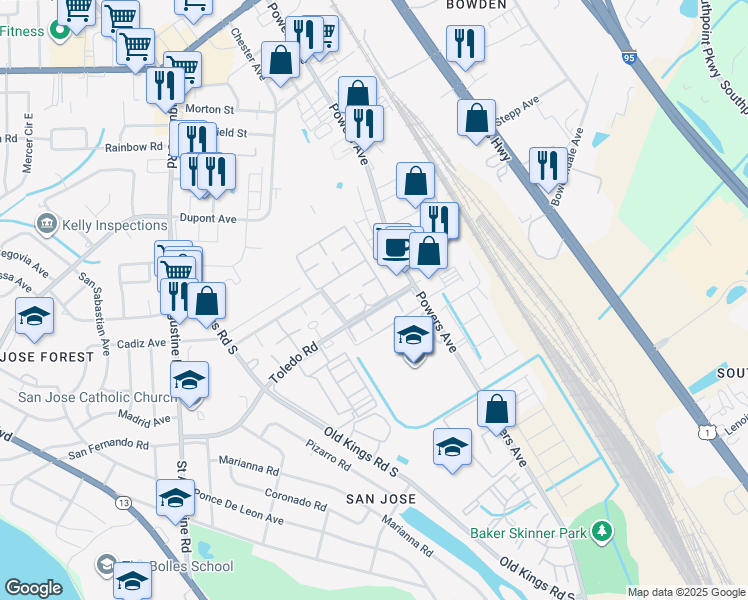 map of restaurants, bars, coffee shops, grocery stores, and more near 3919 Bell Tower Drive in Jacksonville