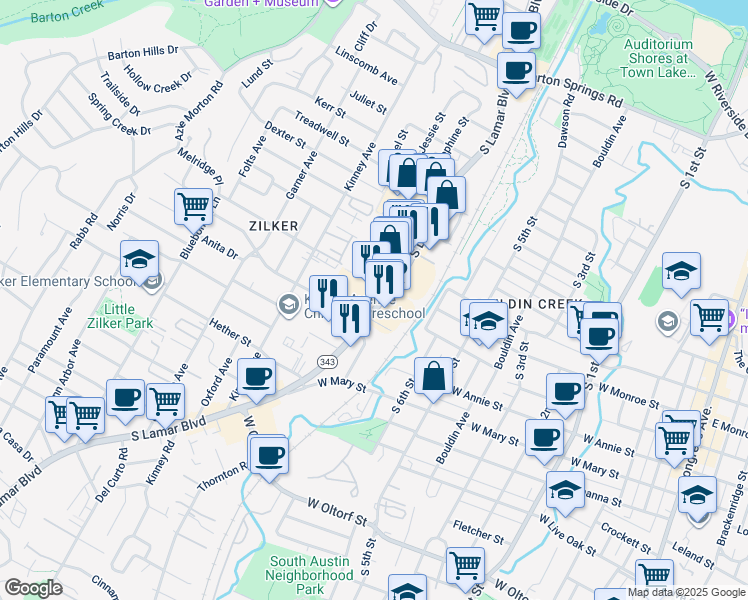map of restaurants, bars, coffee shops, grocery stores, and more near 1500 South Lamar Boulevard in Austin
