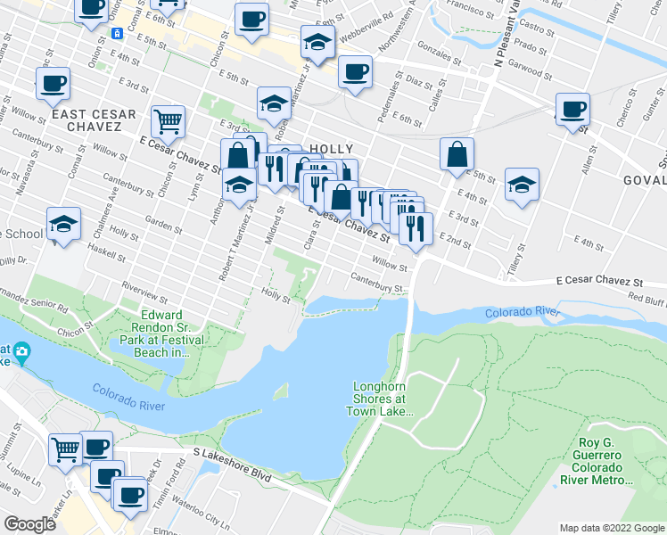 map of restaurants, bars, coffee shops, grocery stores, and more near Canterbury St & Julius St in Austin