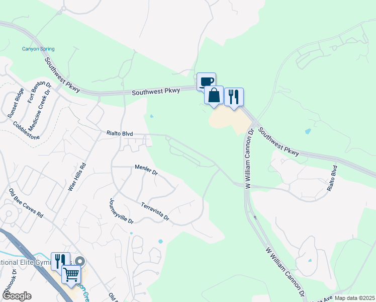 map of restaurants, bars, coffee shops, grocery stores, and more near 7601 Rialto Boulevard in Austin