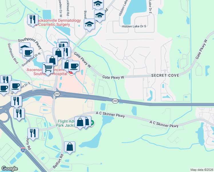 map of restaurants, bars, coffee shops, grocery stores, and more near 4257 Studio Park Avenue in Jacksonville