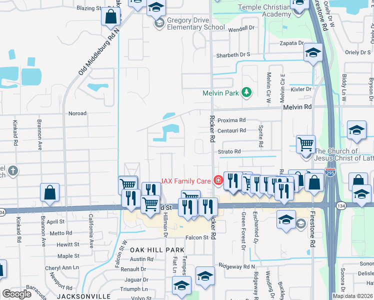 map of restaurants, bars, coffee shops, grocery stores, and more near 4804 Playschool Drive in Jacksonville