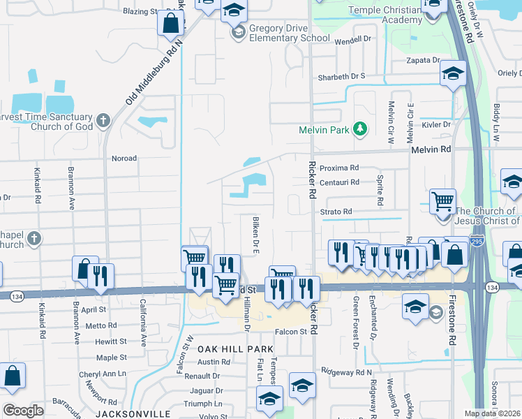 map of restaurants, bars, coffee shops, grocery stores, and more near 5008 Bilken Drive South in Jacksonville