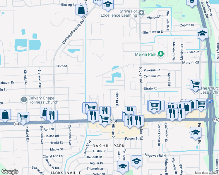 map of restaurants, bars, coffee shops, grocery stores, and more near 5008 Bilken Drive South in Jacksonville