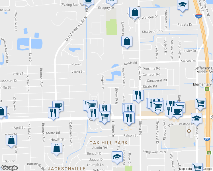 map of restaurants, bars, coffee shops, grocery stores, and more near 4827 Playpen Drive in Jacksonville
