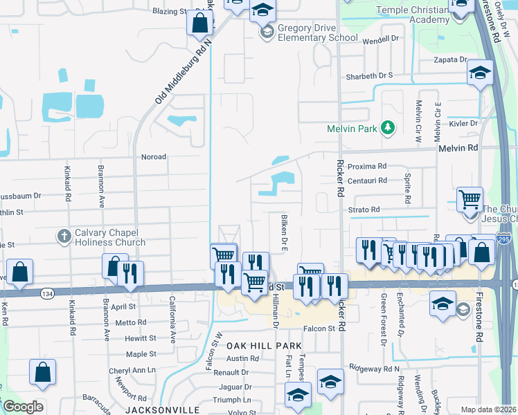 map of restaurants, bars, coffee shops, grocery stores, and more near 4827 Playpen Drive in Jacksonville