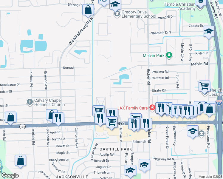 map of restaurants, bars, coffee shops, grocery stores, and more near 4827 Playpen Drive in Jacksonville
