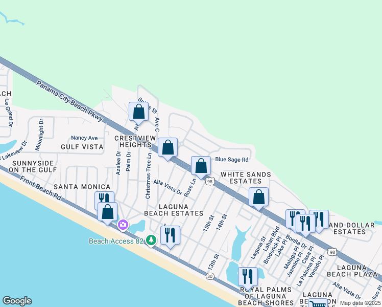 map of restaurants, bars, coffee shops, grocery stores, and more near 105 Blue Sage Road in Panama City Beach