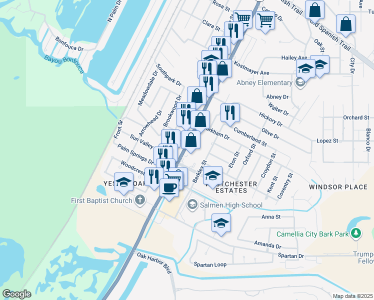 map of restaurants, bars, coffee shops, grocery stores, and more near 376 Sun Valley Drive in Slidell