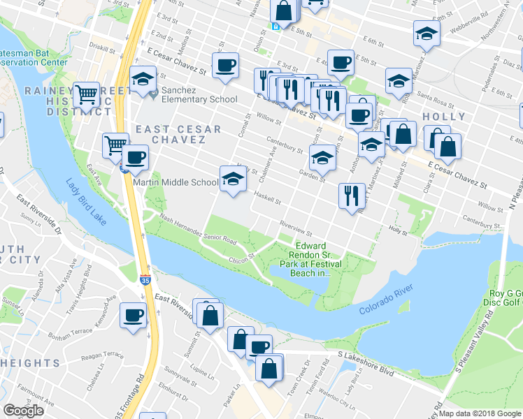 map of restaurants, bars, coffee shops, grocery stores, and more near 1800 Riverview Street in Austin