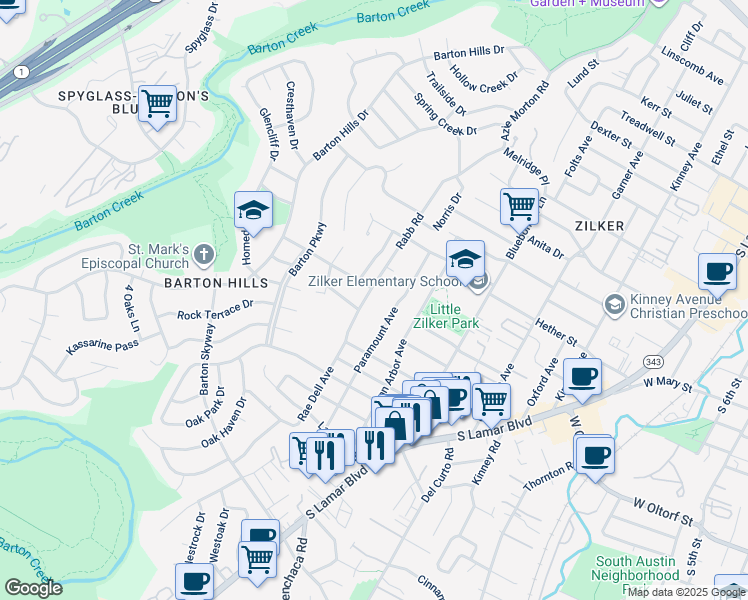 map of restaurants, bars, coffee shops, grocery stores, and more near 2106 Rabb Road in Austin
