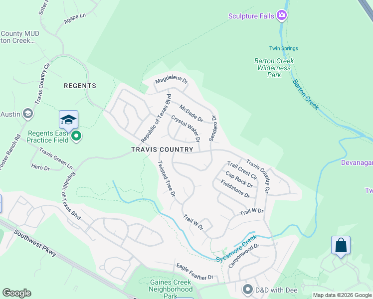 map of restaurants, bars, coffee shops, grocery stores, and more near 4130 Travis Country Circle in Austin