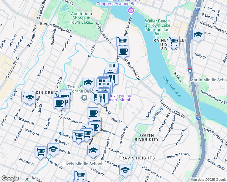 map of restaurants, bars, coffee shops, grocery stores, and more near 110 Academy Drive in Austin