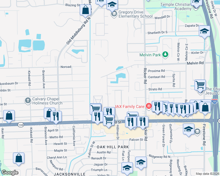 map of restaurants, bars, coffee shops, grocery stores, and more near 4827 Playpen Drive in Jacksonville