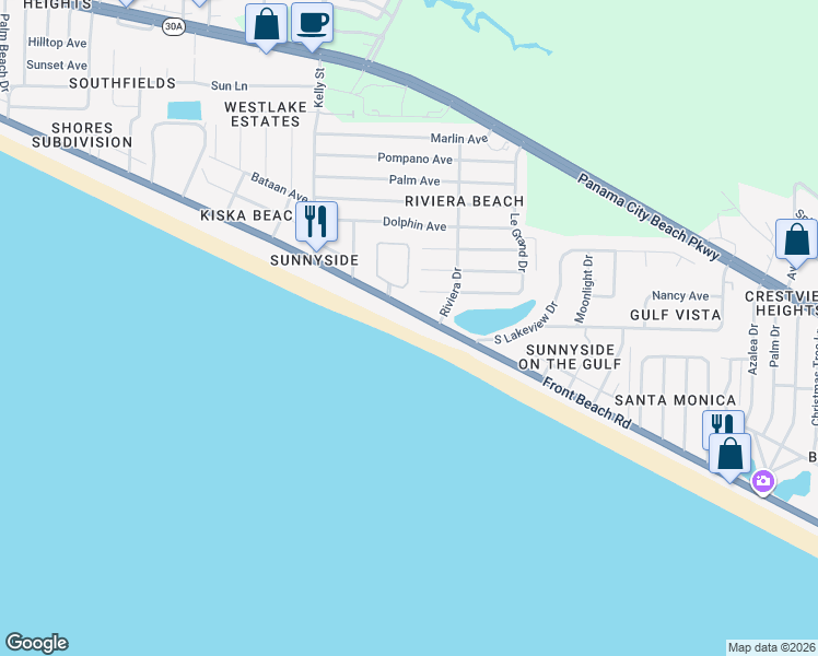 map of restaurants, bars, coffee shops, grocery stores, and more near 21605 Front Beach Road in Panama City Beach