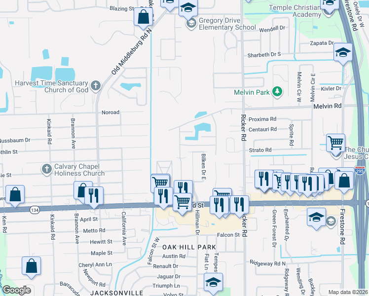map of restaurants, bars, coffee shops, grocery stores, and more near 4827 Playpen Drive in Jacksonville