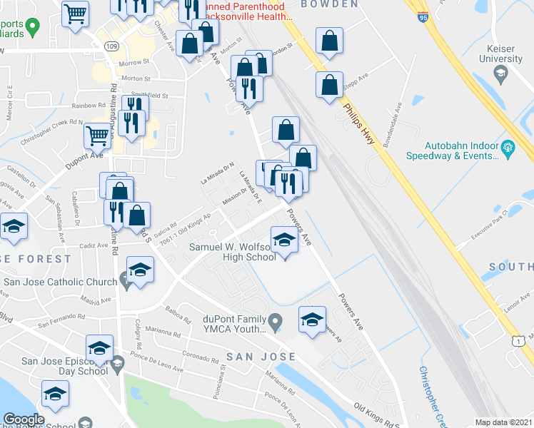 map of restaurants, bars, coffee shops, grocery stores, and more near Toledo Rd & La Mirada Dr E in Jacksonville