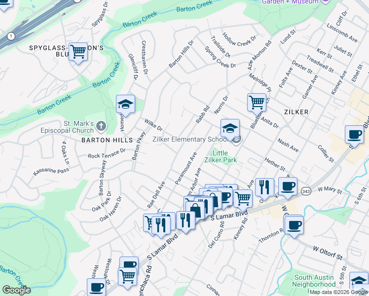 map of restaurants, bars, coffee shops, grocery stores, and more near 2106 Rabb Road in Austin