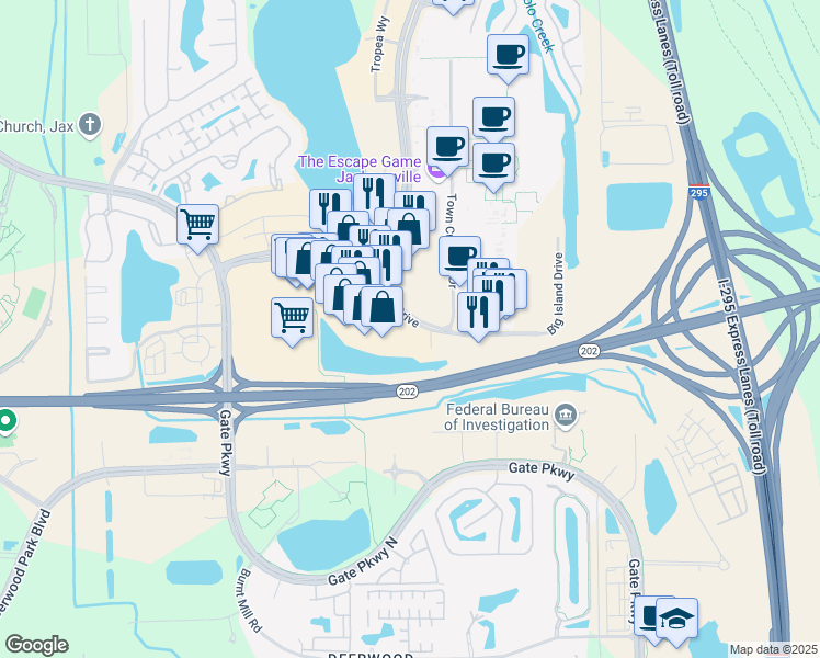map of restaurants, bars, coffee shops, grocery stores, and more near 4948 Big Island Drive in Jacksonville