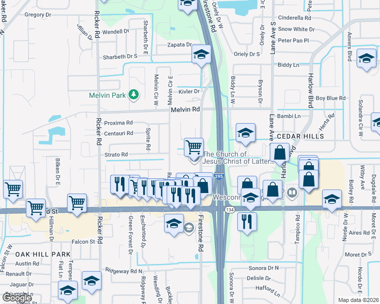 map of restaurants, bars, coffee shops, grocery stores, and more near 4910 Firestone Road in Jacksonville