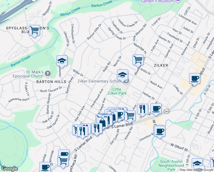 map of restaurants, bars, coffee shops, grocery stores, and more near 2102 Paramount Avenue in Austin