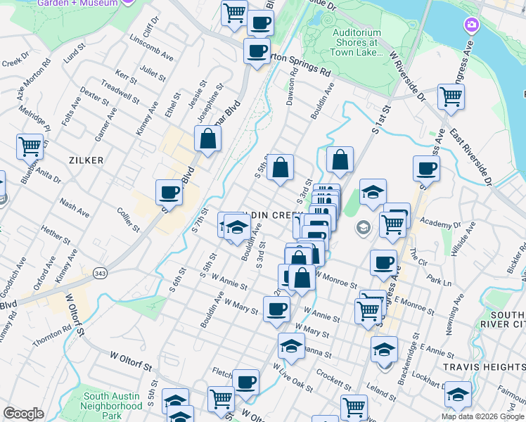 map of restaurants, bars, coffee shops, grocery stores, and more near 1304 Bouldin Avenue in Austin