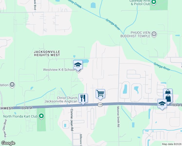 map of restaurants, bars, coffee shops, grocery stores, and more near 5213 Brighton Park Lane in Jacksonville