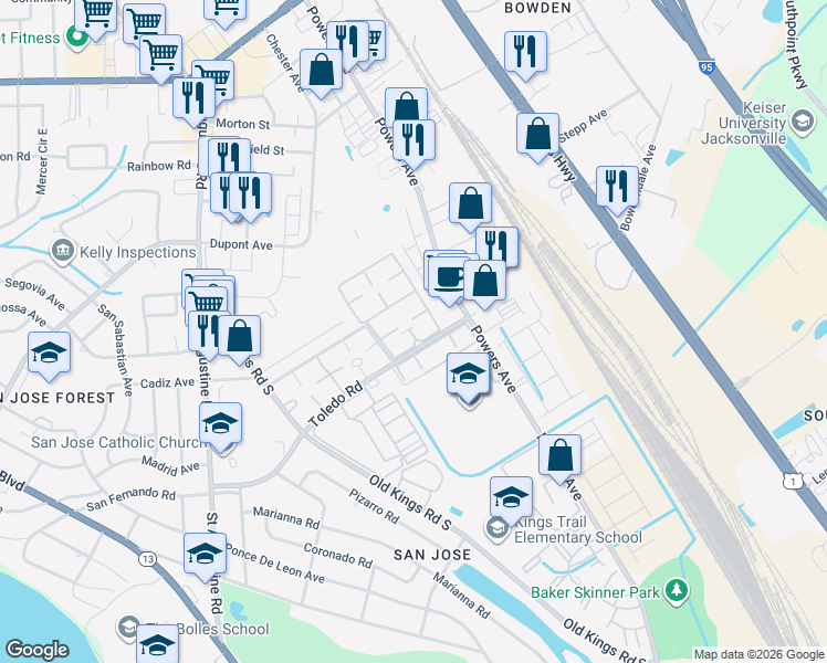 map of restaurants, bars, coffee shops, grocery stores, and more near 3901 Bell Tower Drive in Jacksonville