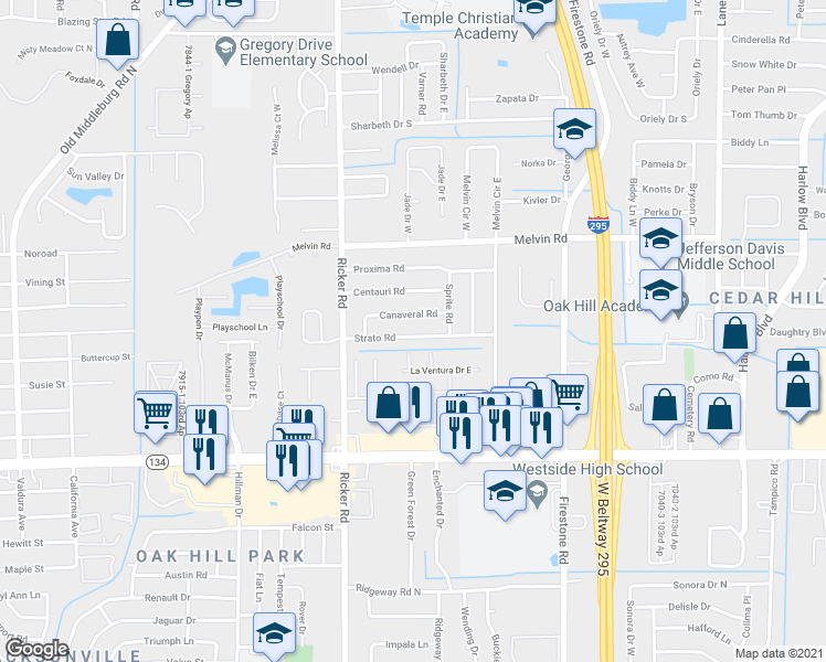 map of restaurants, bars, coffee shops, grocery stores, and more near 7506 Strato Road in Jacksonville