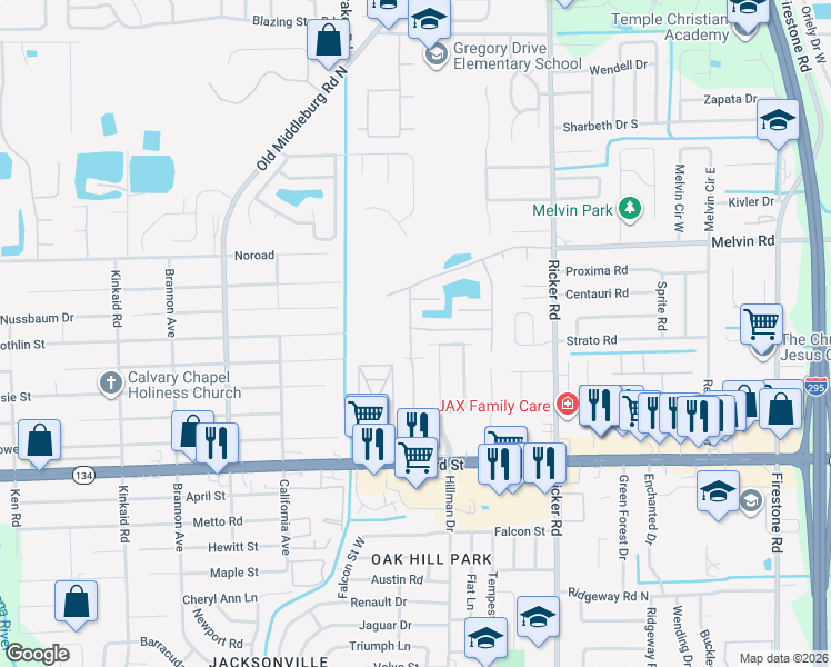map of restaurants, bars, coffee shops, grocery stores, and more near 4827 Playpen Drive in Jacksonville