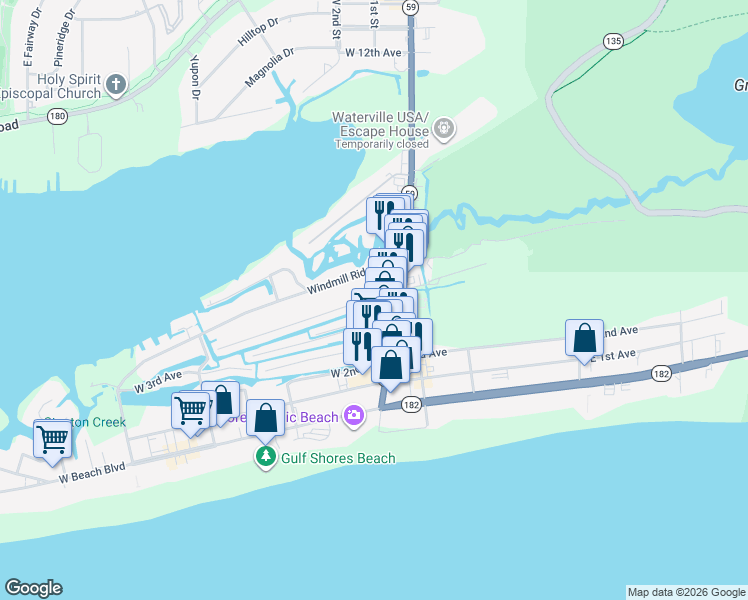 map of restaurants, bars, coffee shops, grocery stores, and more near 108 West 5th Avenue in Gulf Shores