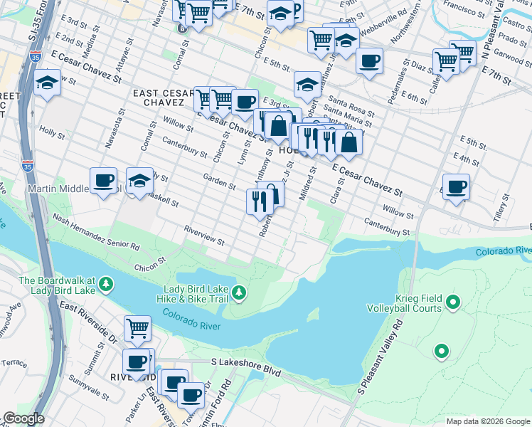 map of restaurants, bars, coffee shops, grocery stores, and more near 2202 Holly Street in Austin