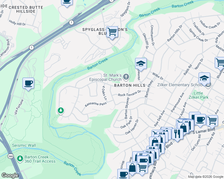 map of restaurants, bars, coffee shops, grocery stores, and more near 2108 Matterhorn Lane in Austin