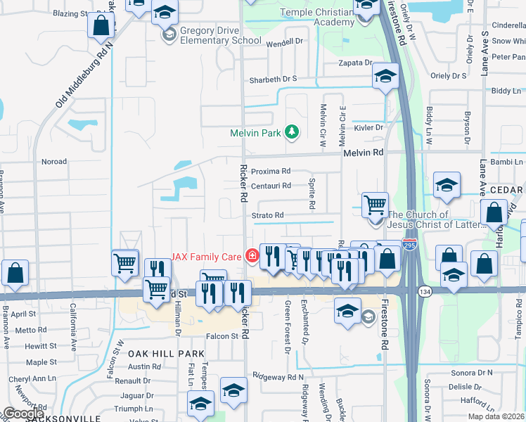 map of restaurants, bars, coffee shops, grocery stores, and more near 7560 Strato Road in Jacksonville
