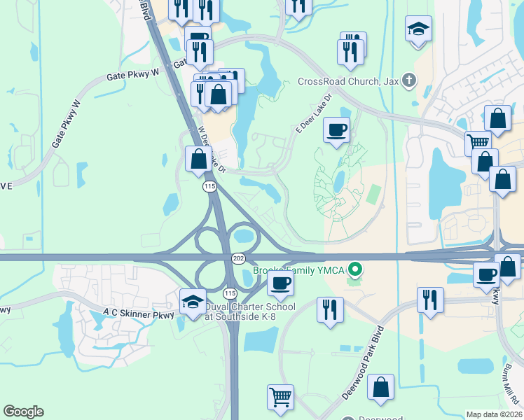 map of restaurants, bars, coffee shops, grocery stores, and more near 4929 Skyway Drive in Jacksonville