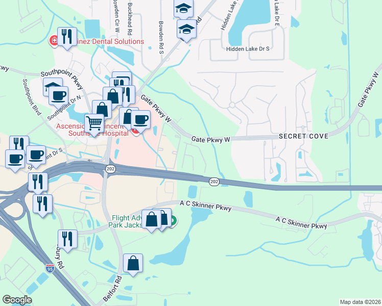 map of restaurants, bars, coffee shops, grocery stores, and more near 4225 Metron Drive in Jacksonville