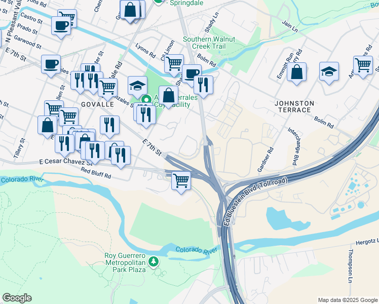 map of restaurants, bars, coffee shops, grocery stores, and more near 720 Airport Boulevard in Austin