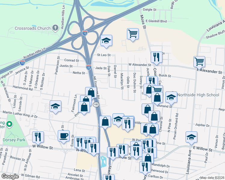 map of restaurants, bars, coffee shops, grocery stores, and more near 215 Peggy Street in Lafayette