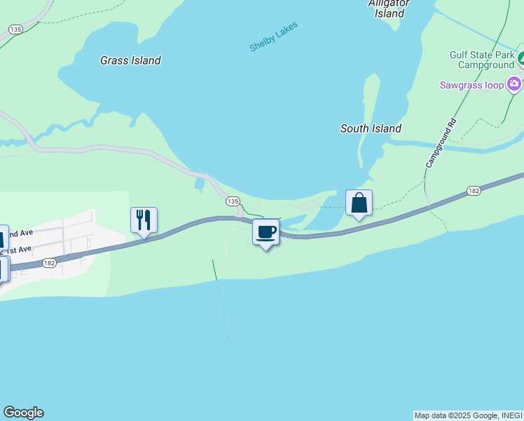 map of restaurants, bars, coffee shops, grocery stores, and more near 20115 Alabama 135 in Gulf Shores